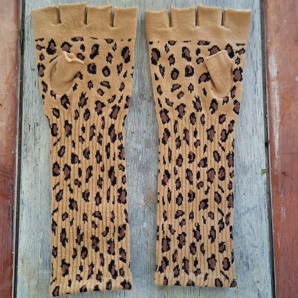 Handmade Leopard Print Fingerless Gloves OS Brown Tan - Indie Sleeze Fall Casual - Picture 1 of 4